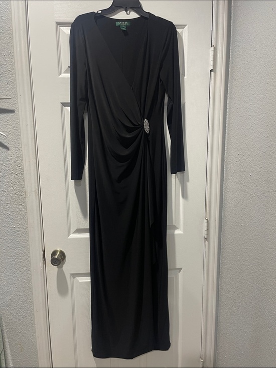 Ralph Lauren Dresses & Skirts - Ralph Lauren Black Long Sleeve Draped Wrap Gown with Brooch